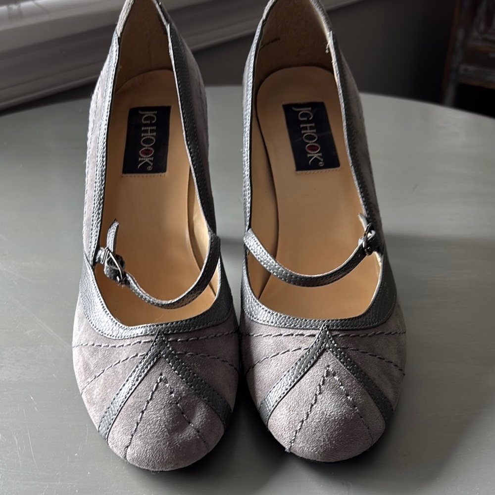 Gray Suede Mary Jane Heels with Textured Toe